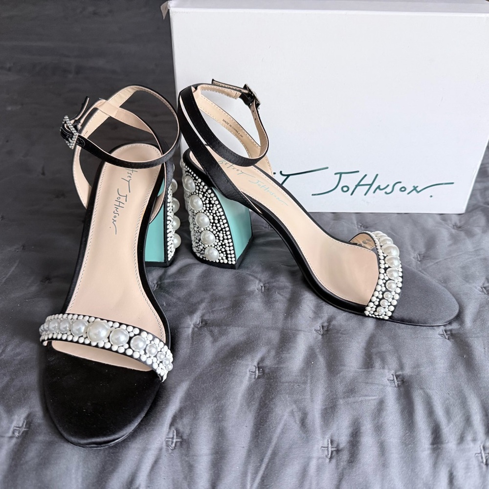 Betsey Johnson Black Satin & Pearl LEXI Block Heel Sandals NWT - Picture 2 of 12